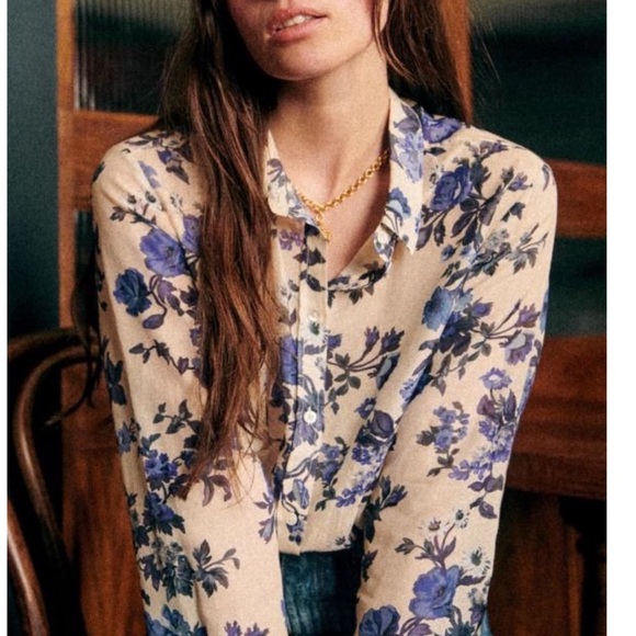 SEZANE Blue & White Floral Printed Lightweight Silk Button Down Pierro Shirt - Picture 5 of 15